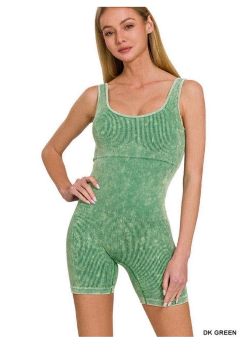 Zenana Outfitters Ribbed Seamless Romper in Green